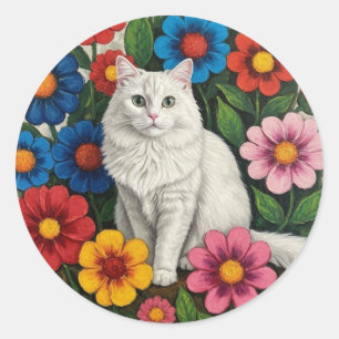 Sticker Rond Chat Blanc Fluffy et Fleurs d'Art Populaire