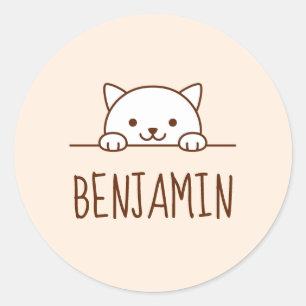 Sticker Rond Chat blanc Pékin au-dessus de Nom personnalisé