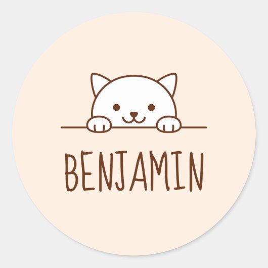 Sticker Rond Chat blanc Pékin au-dessus de Nom personnalisé (Devant)