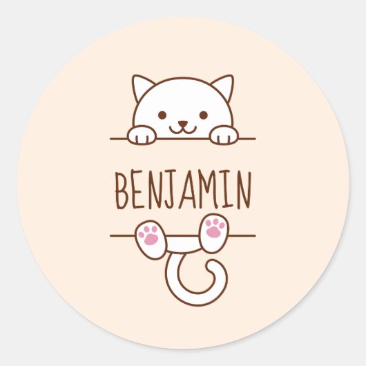 Sticker Rond Chat blanc Pékin derrière Nom personnalisé (Devant)