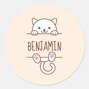 Sticker Rond Chat blanc Pékin derrière Nom personnalisé