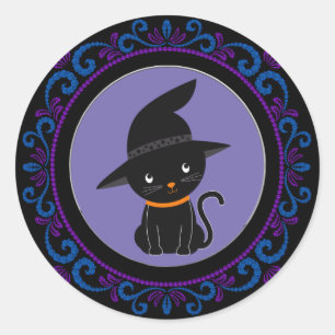 Sticker Rond Chat bleu violet noir avec un Casquette sorcier Ha