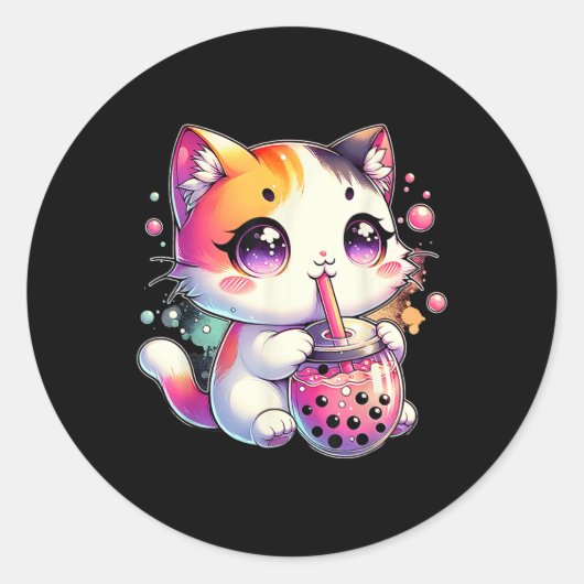 Sticker Rond Chat Boba Tea Anime Japonais Kawaii Neko Bubble Te (Devant)