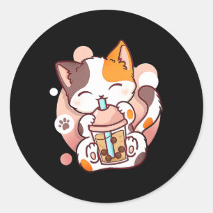 Sticker Rond Chat Boba Tea Bubble Tea Anime Kawaii Neko pour fi