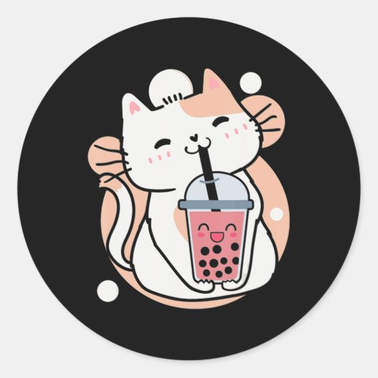 Sticker Rond Chat Boba Tea Buble Tea Anime Kawaii Neko Milktea (Devant)