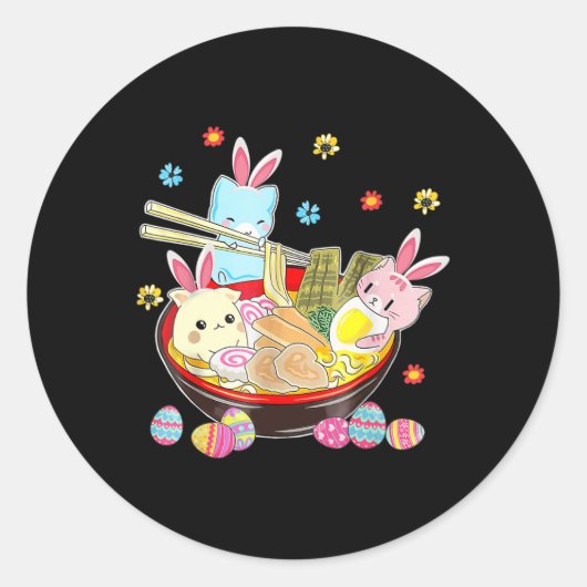 Sticker Rond Chat Bunny Ears Ramen Kawaii Jour de Pâques Anime (Devant)