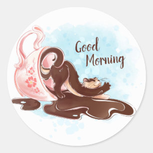 Sticker Rond Chat café aquarelle