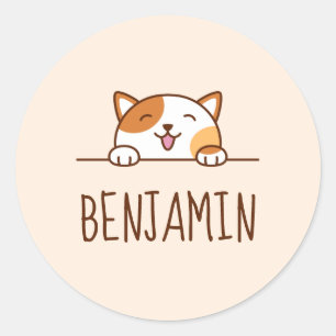 Sticker Rond Chat Calico joyeux Pékin au-dessus de Nom personna