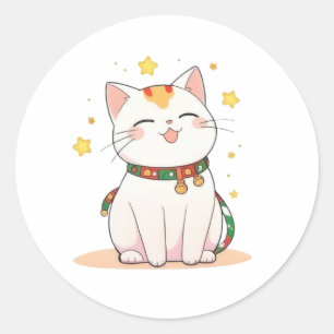 Sticker Rond Chat Chanceux avec Étoiles Design Kawaii