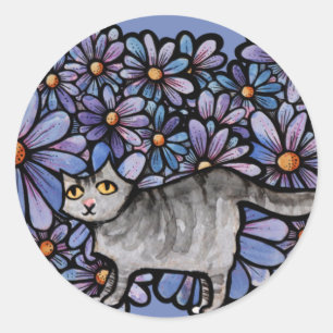 Sticker Rond Chat Chaton Marguerites Violettes Grises Art Chats