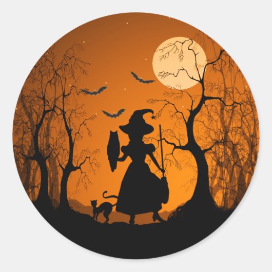 Sticker Rond Chat chauve-souris Halloween et lune (Devant)