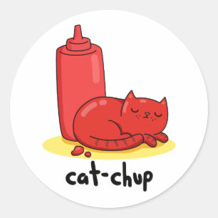 Sticker Rond Chat-chup Funny Red Ketchup Pun de chat