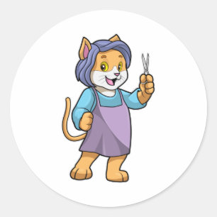 Sticker Rond Chat coiffeur avec ciseaux