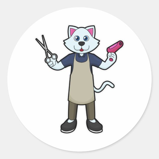 Sticker Rond Chat coiffeur avec ciseaux et sèche-cheveux (Devant)