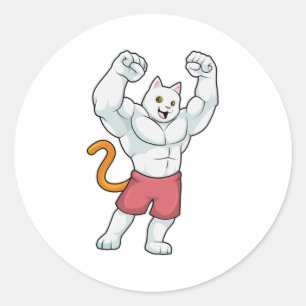 Sticker Rond Chat comme Bodybuilder avec de grands Muscles