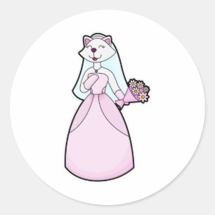 Sticker Rond Chat comme mariée avec bouquet de fleurs