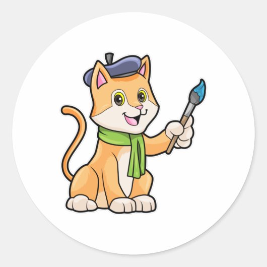Sticker Rond Chat comme Peintre avec pinceau et écusson (Devant)