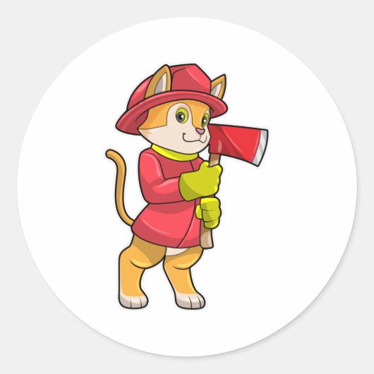 Sticker Rond Chat comme pompier avec Ax (Devant)