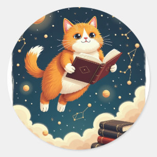 Sticker Rond Chat Cosmique Ver de Livre T-Shirt Espace Lecture