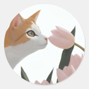 Sticker Rond Chat Curieux Floral de Printemps
