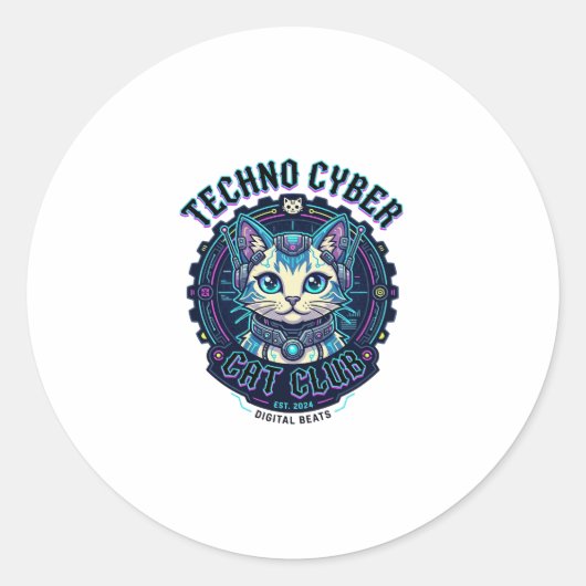 Sticker Rond Chat Cyber Techno Drôle Conception Amateur de Chat (Devant)