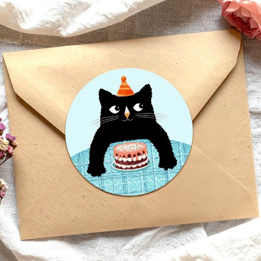 Sticker Rond Chat d'anniversaire avec gâteau d'anniversaire et