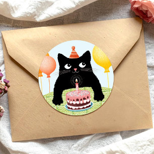 Sticker Rond Chat d'anniversaire avec gâteau et ballons de fête