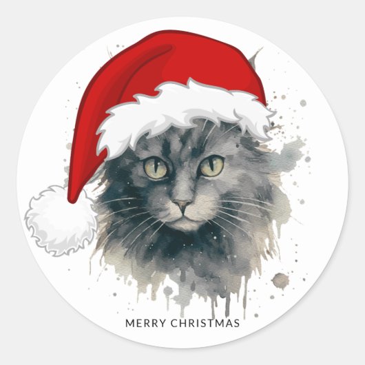 Sticker Rond Chat Dans Un Chapeau De Père Noël Joyeux Noël (Devant)