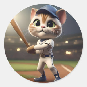 Sticker Rond Chat de baseball 3D amusant,