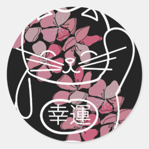 Sticker Rond Chat de bonne chance japonais avec fleurs Sakura r