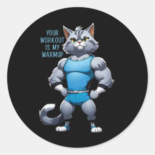 Sticker Rond Chat de dessin animé drôle - Style de gym de muscu