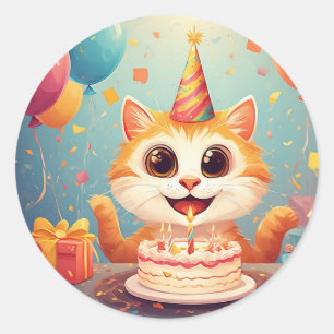 Sticker Rond Chat de fête adorable Design de kitty d'anniversai
