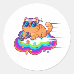 Sticker Rond Chat de gym drôle soulevant un haltère sur un nuag
