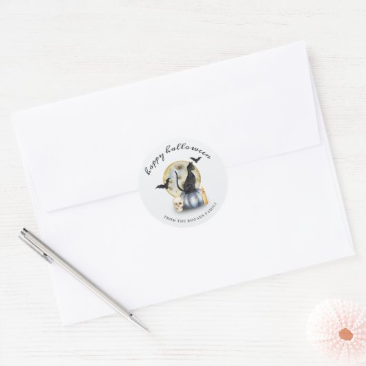Sticker Rond Chat de Halloween effrayant Citrouille (Enveloppe)