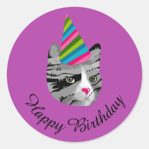 Sticker Rond Chat de joyeux anniversaire dans le casquette de