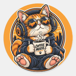 Sticker Rond Chat de la mode urbaine cool buvant du café