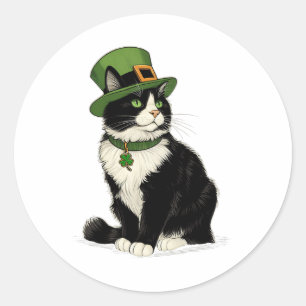 Sticker Rond Chat de la Saint-Patrick Leprechaun Trèfle Chat Ch