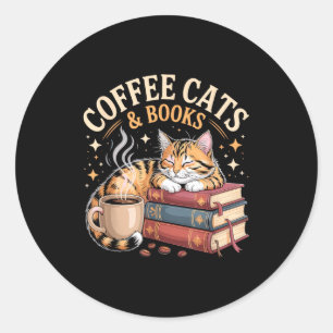 Sticker Rond Chat de lecture confortable amateur de café et de