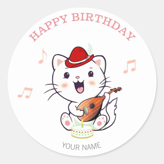 Sticker Rond Chat de musique mignon avec Mandolin Anniversaire (Devant)