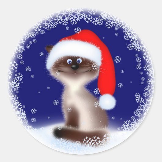 Sticker Rond Chat de Noël à Santa Hat (Devant)