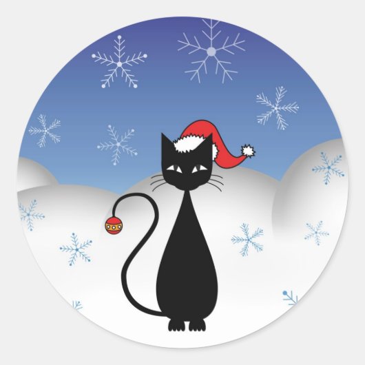 Sticker Rond Chat de Noël avec des flocons de neige (Devant)