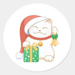 Sticker Rond Chat de Noël blanc dans un Casquette rouge