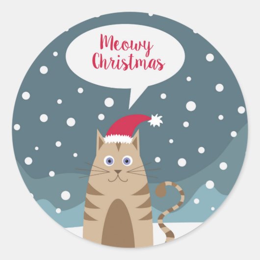 Sticker Rond Chat de Noël en paysage enneigé voeux vacances (Devant)