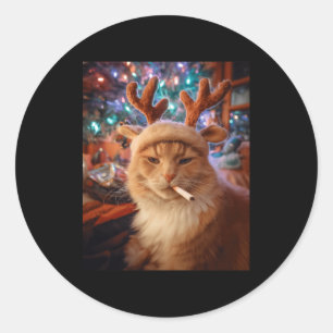 Sticker Rond Chat de Noël Fumant une Cigarette Mème Confort Gen