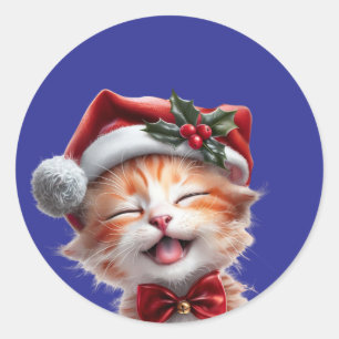 Sticker Rond Chat de Noël mignon avec chapeau de Père Noël et C