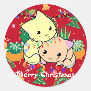 Sticker Rond chat de noël mignon, personnaliser texte personnal