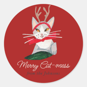 Sticker Rond Chat de Noël rennes Fête Rouge