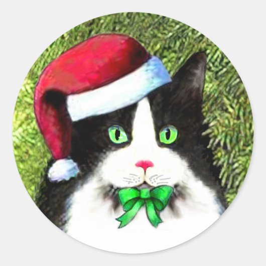 Sticker Rond Chat de Noël Tuxedo avec chou (Devant)