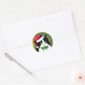 Sticker Rond Chat de Noël Tuxedo avec chou (Enveloppe)