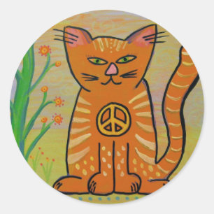 Sticker Rond Chat de paix avec des fleurs